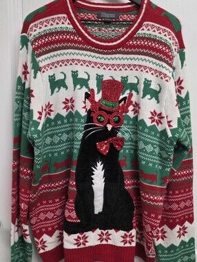 32 Degrees Black Cat Holiday Knit Ugly Christmas Sweater Size XXL